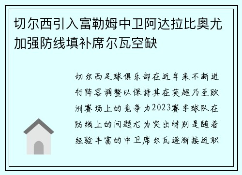 切尔西引入富勒姆中卫阿达拉比奥尤加强防线填补席尔瓦空缺