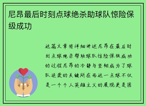 尼昂最后时刻点球绝杀助球队惊险保级成功