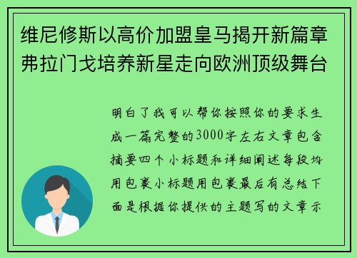维尼修斯以高价加盟皇马揭开新篇章弗拉门戈培养新星走向欧洲顶级舞台 维尼修斯以高价加盟皇马揭开新篇章弗拉门戈培养新星走向欧洲顶级舞台